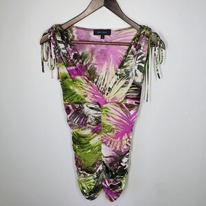 Karen Kane Y2K Mesh Top Tropical Palms Babydoll Neckline Ruched Size Small